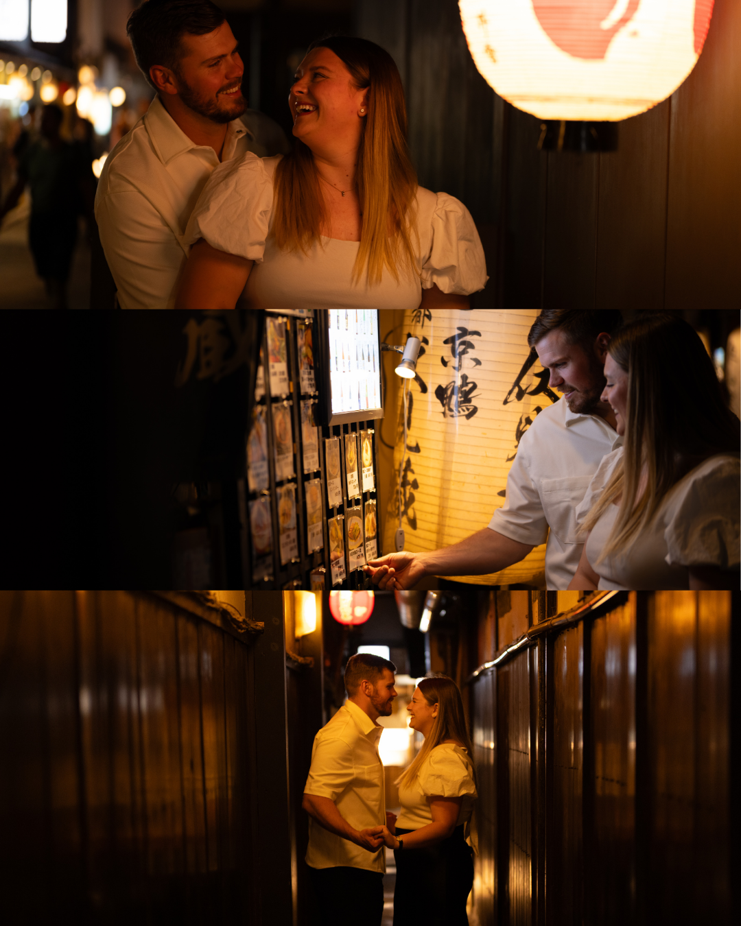 Collage of a couple laughing and embracing in a warmly lit Japanese alley.