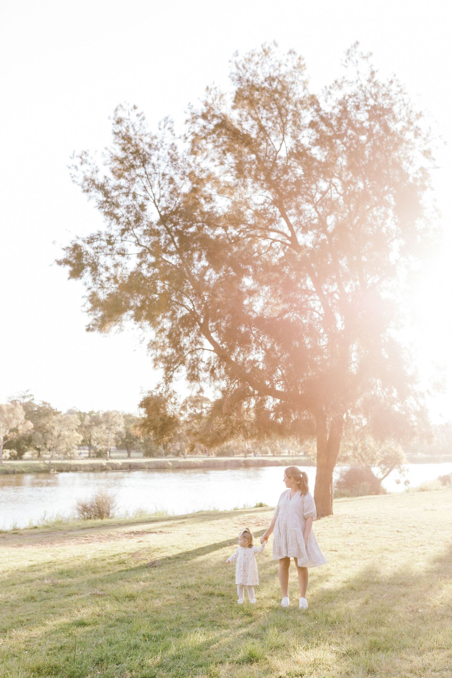 Sun-drenched landscape showing people enjoying a peaceful moment by trees near water at sunset.