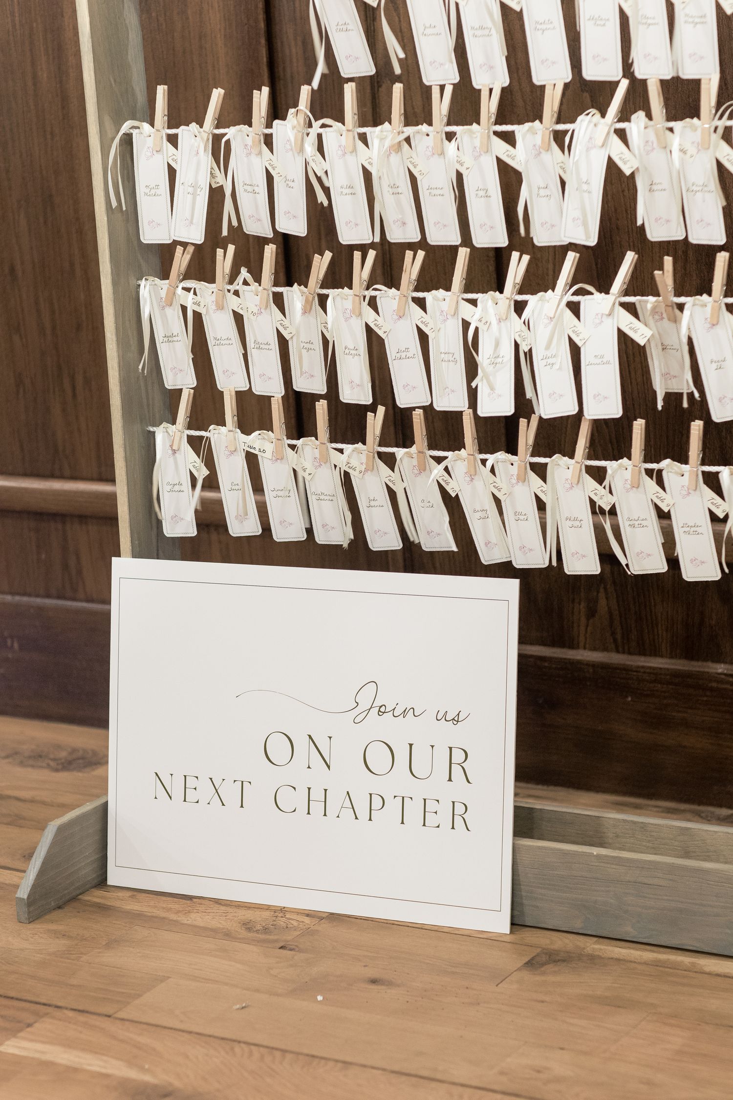 A series of white signs arranged with clothespins on a string against a wooden wall shows 'Next Chapter' text.