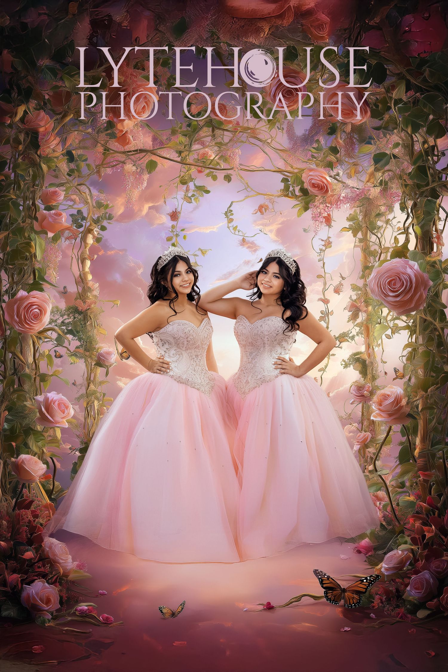 Two figures in matching pink ballgowns pose elegantly in a dreamy floral garden setting with romantic rose archways and lighting.