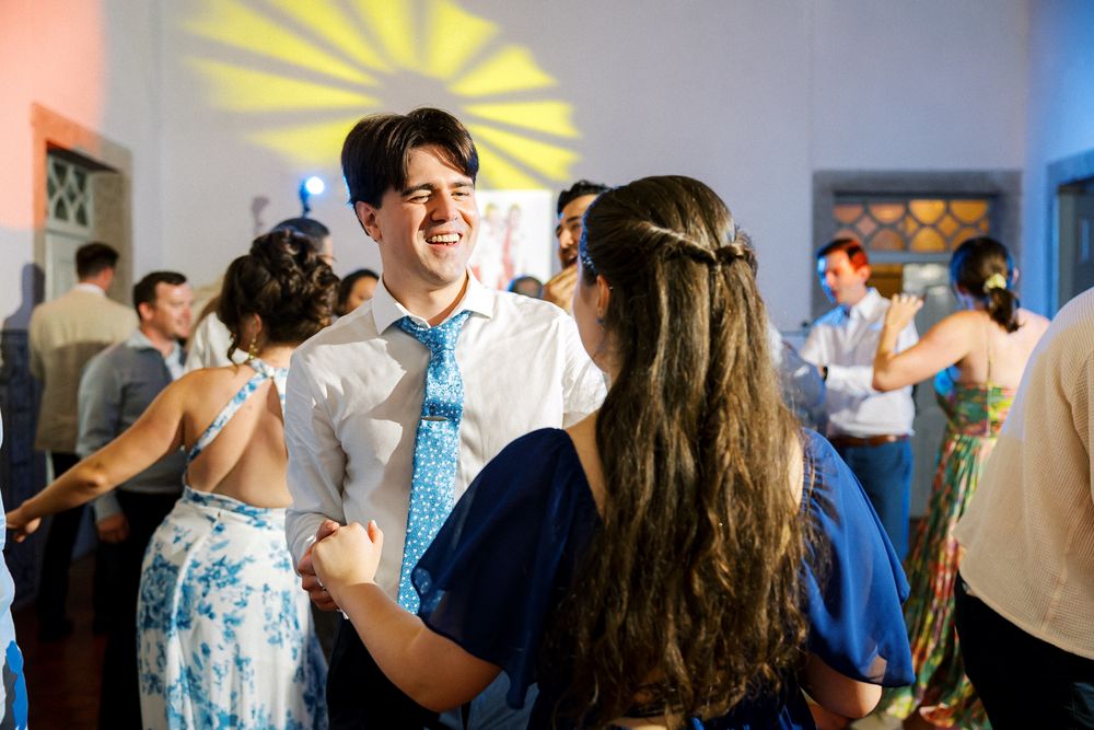 Guests dancing under lights at Quinta do Torneiro wedding reception in Portugal