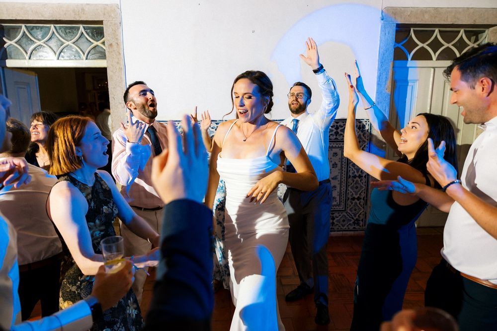 Destination wedding party at Quinta do Torneiro with crowded dance floor with dj