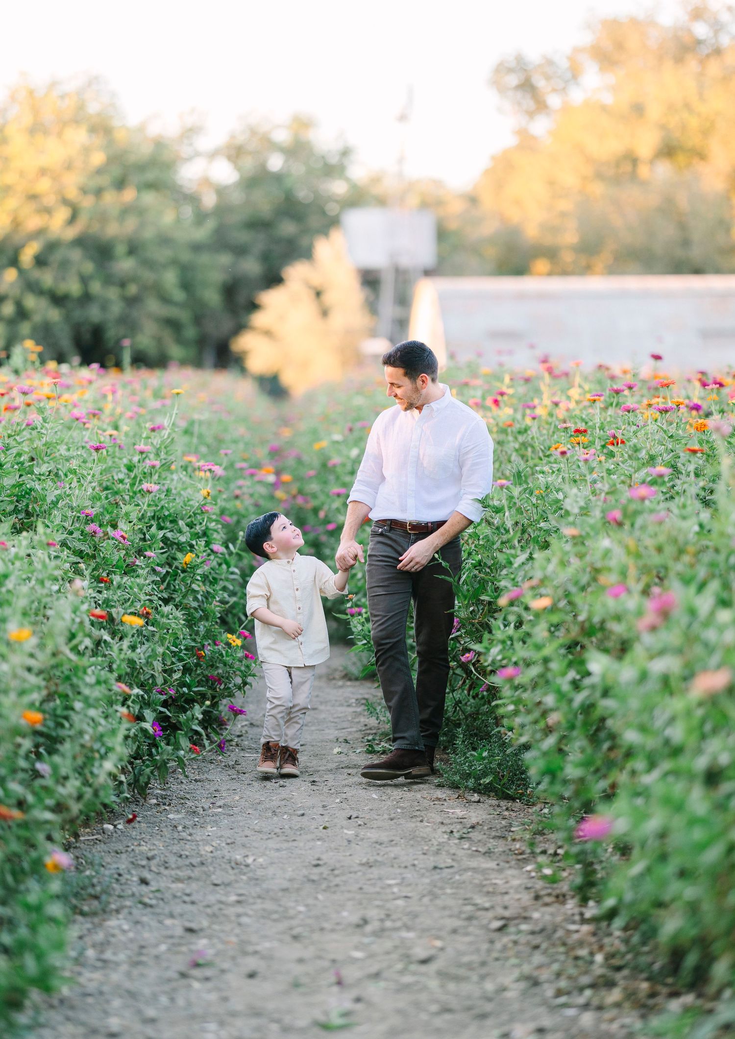 A path through a colorful wildflower garden shows two people walking together at sunset.
