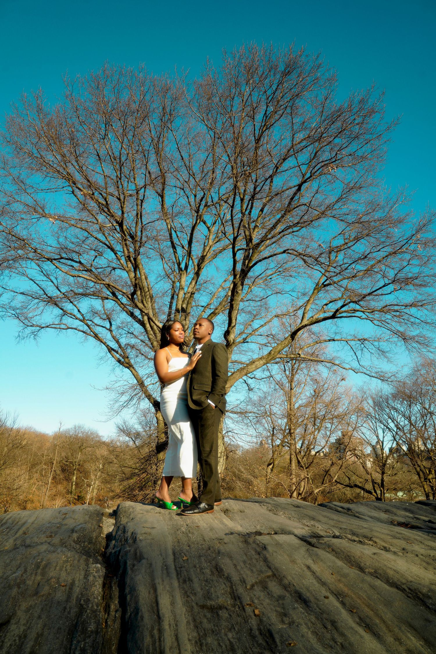 A couple stands on rocky outcrop against bare winter trees and bright turquoise sky in romantic outdoor setting. central park