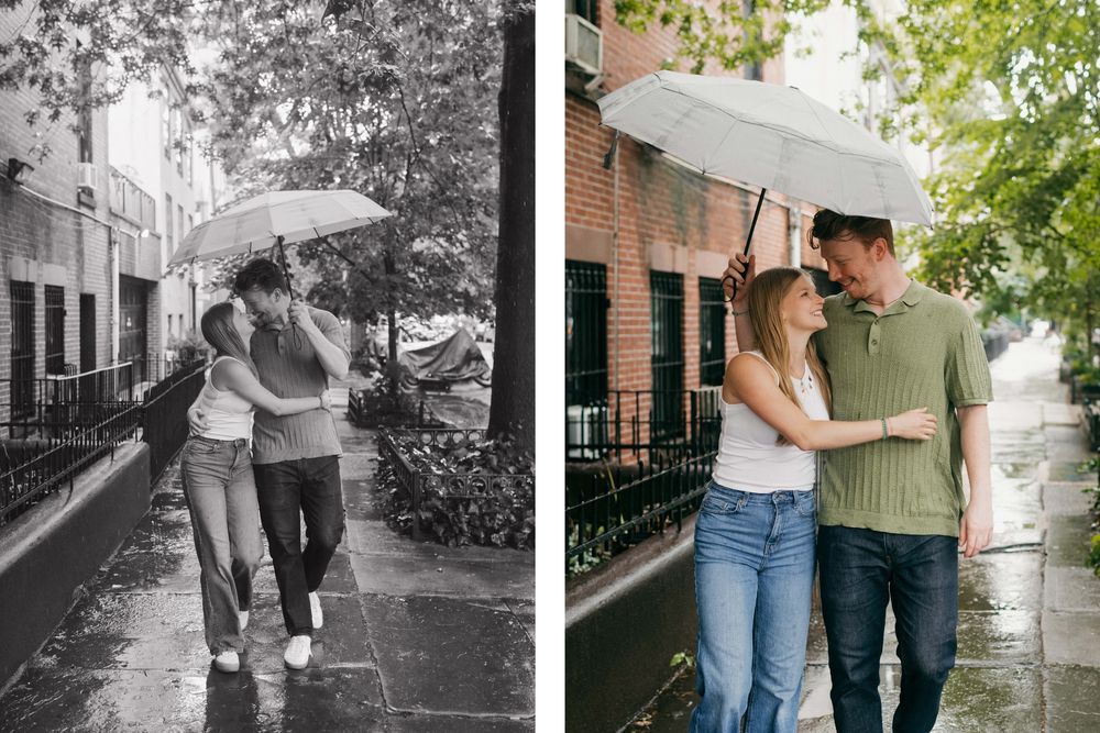 Two people walking together under umbrellas in both black and white and color photos.