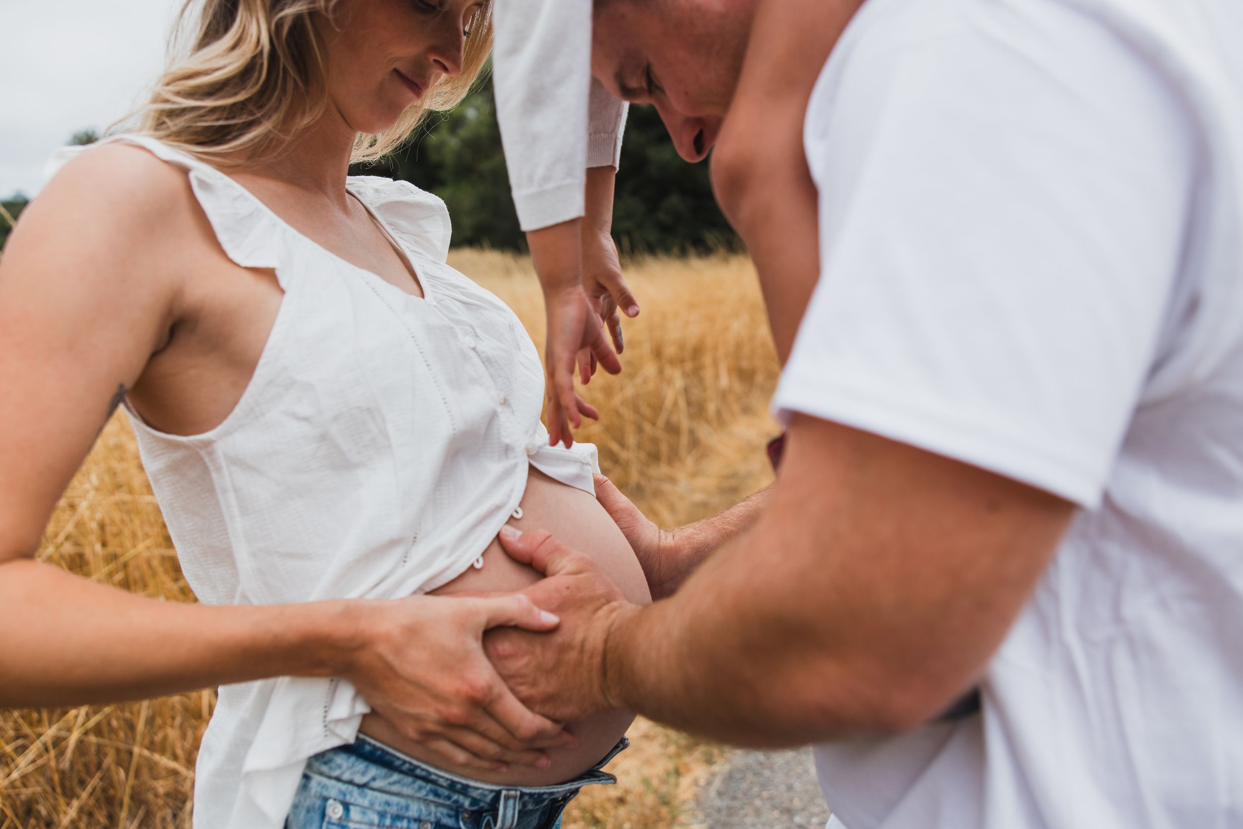 A loving couple holds hands and embraces in a golden wheat field on a warm summer day.