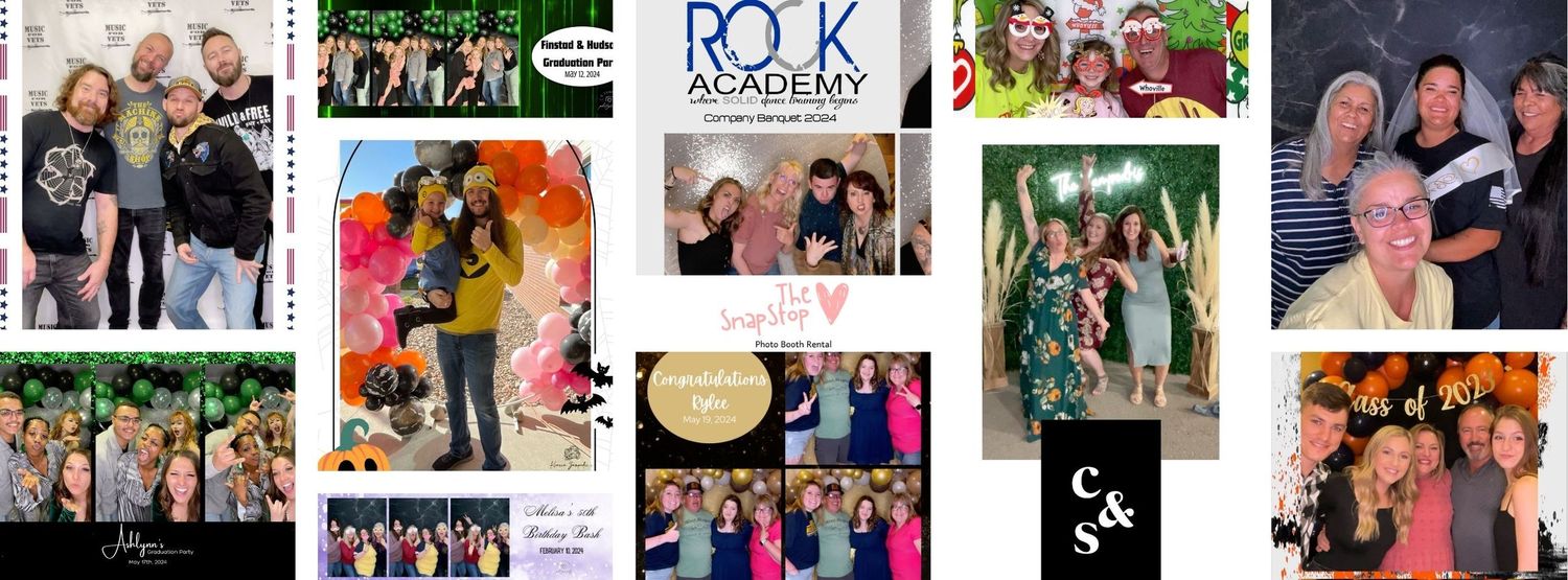 A collage grid showing multiple family gathering photos with groups posed together at various events and celebrations.