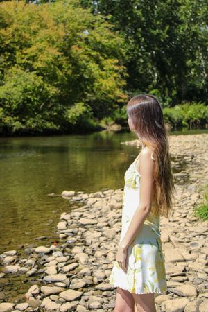 A summer scene shows someone in a floral outfit standing along a rocky shoreline with trees in the background.