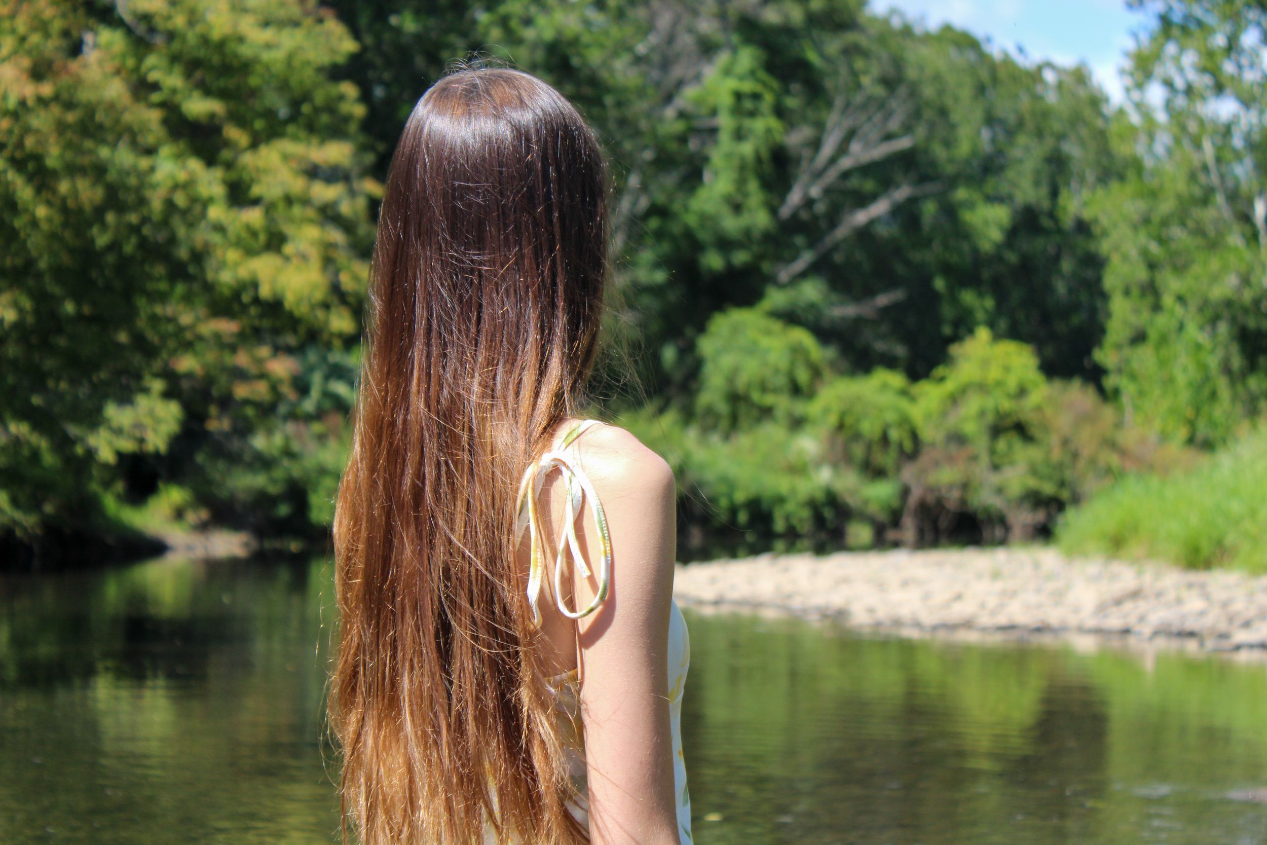 Long brown hair cascading down against a serene lake backdrop with lush green trees in summer.