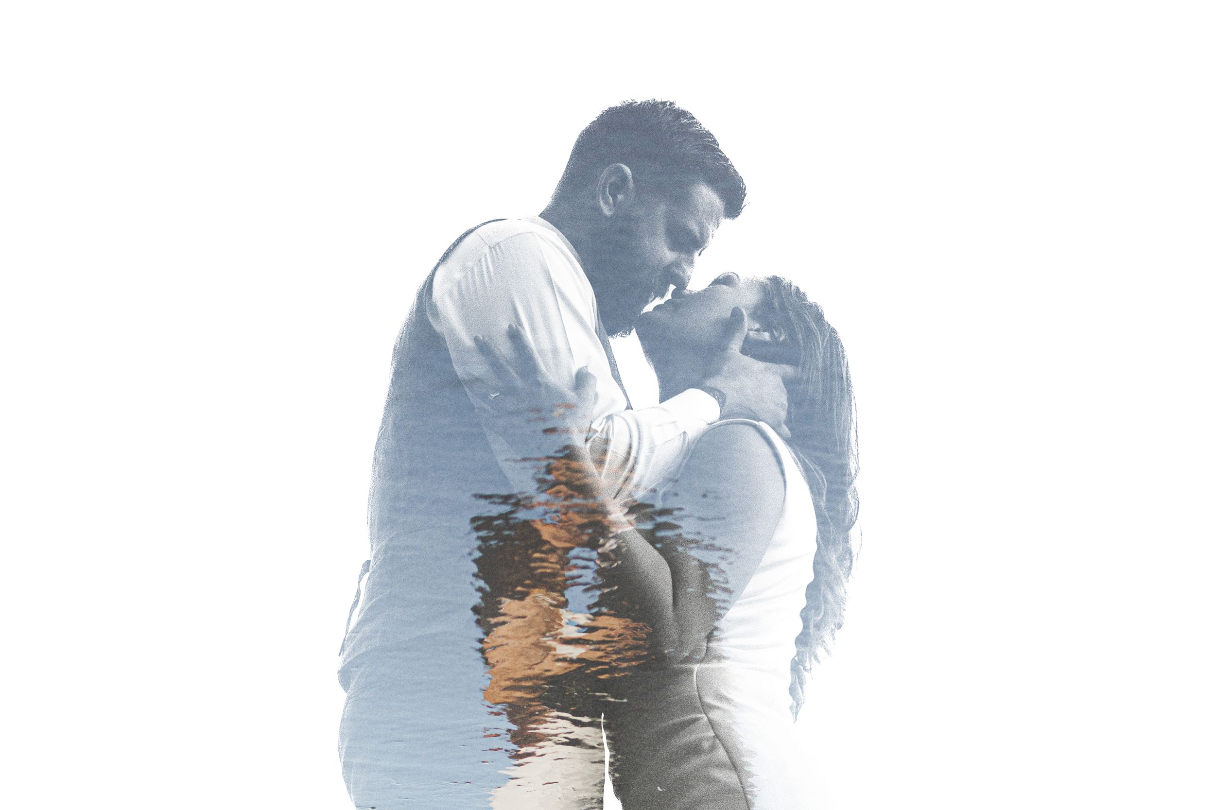 A romantic double exposure silhouette of a couple embracing against a light background.