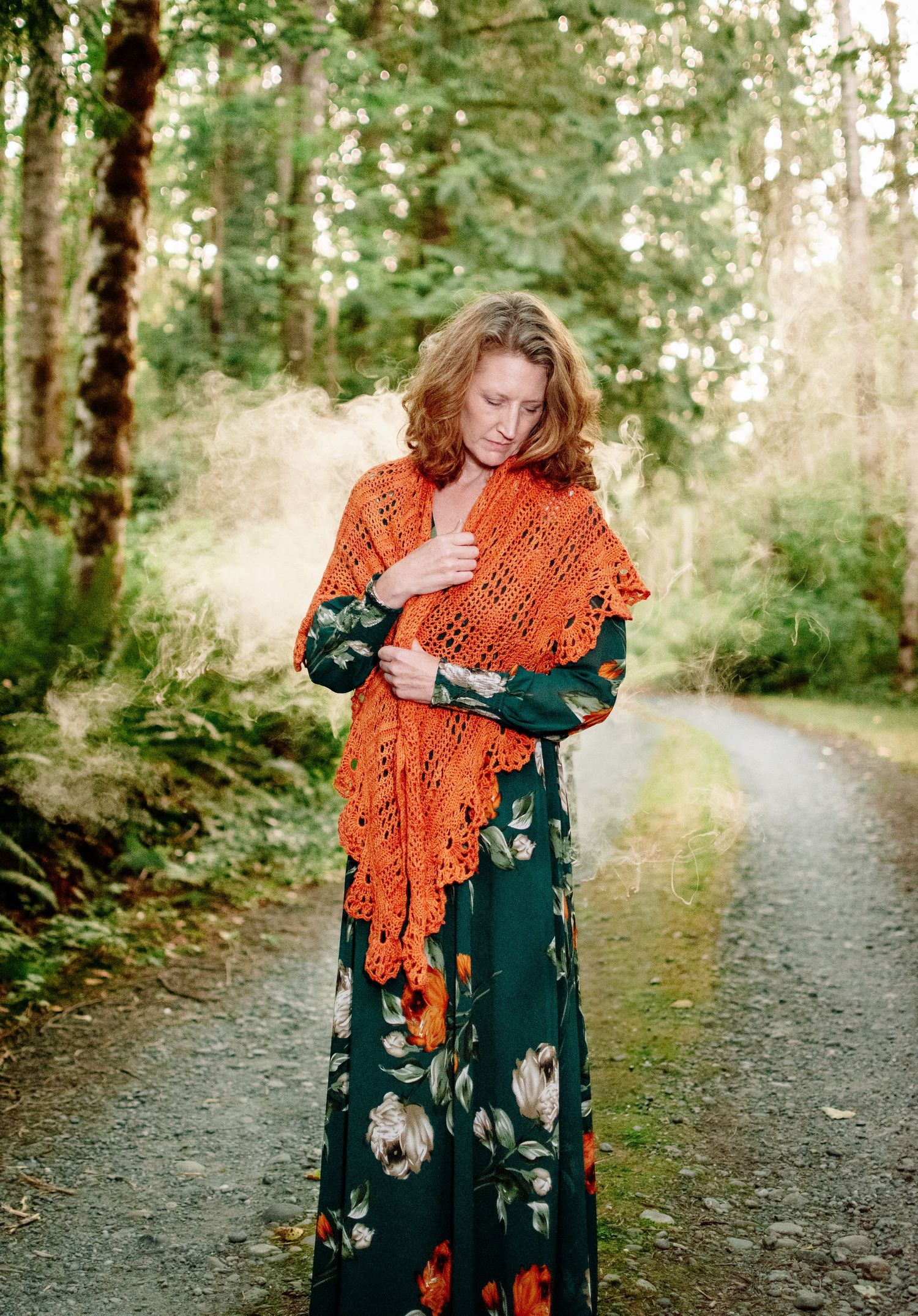 Custom wearable art shawl featured in styled photography at The Pole Garden.