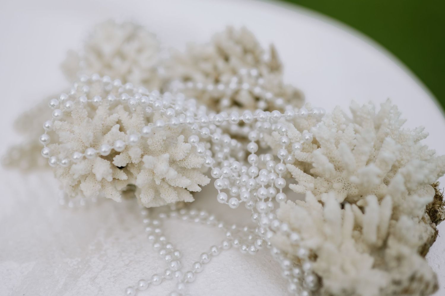 Close-up of white coral pieces intertwined with delicate pearl bead strands on white fabric.