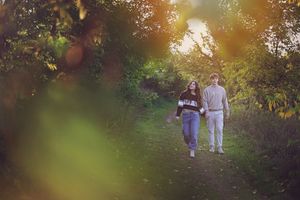 Silhouettes of people walking together through nature during sunset with golden backlighting.