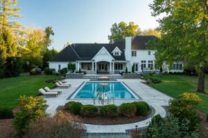 Drone Photo of pool and landscape design at a home in Indian Hill, Cincinnati, Ohio