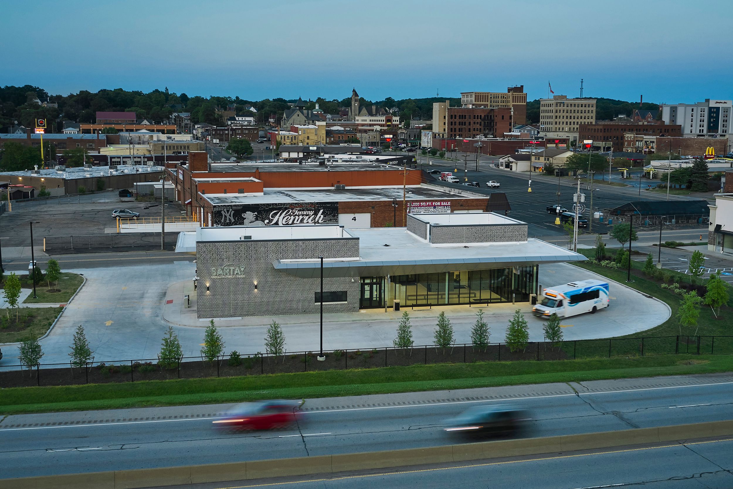 Cincinnati Drone photo of the new SARTA Transit station in Massillon, Ohio designed by Bowen+ Architects