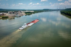 Drone photo of Barge on the Ohio River near Lawrenceburg, Indiana by Cincinnati, Ohio drone photographer Studio 66