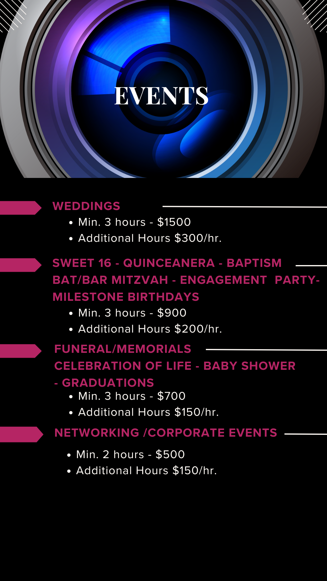 Pricing menu for event photography services showing various packages and hourly rates against a black and blue background.