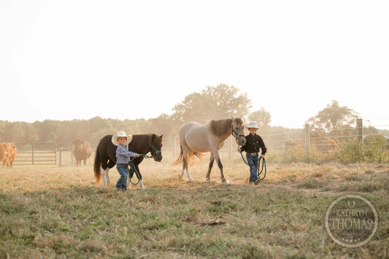 Two children walking beside horses in a golden sunlit pasture with cattle in the background.