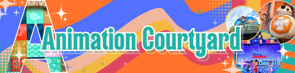 Colorful banner with cartoon characters and text that reads Animation Courtyard against a vibrant background.