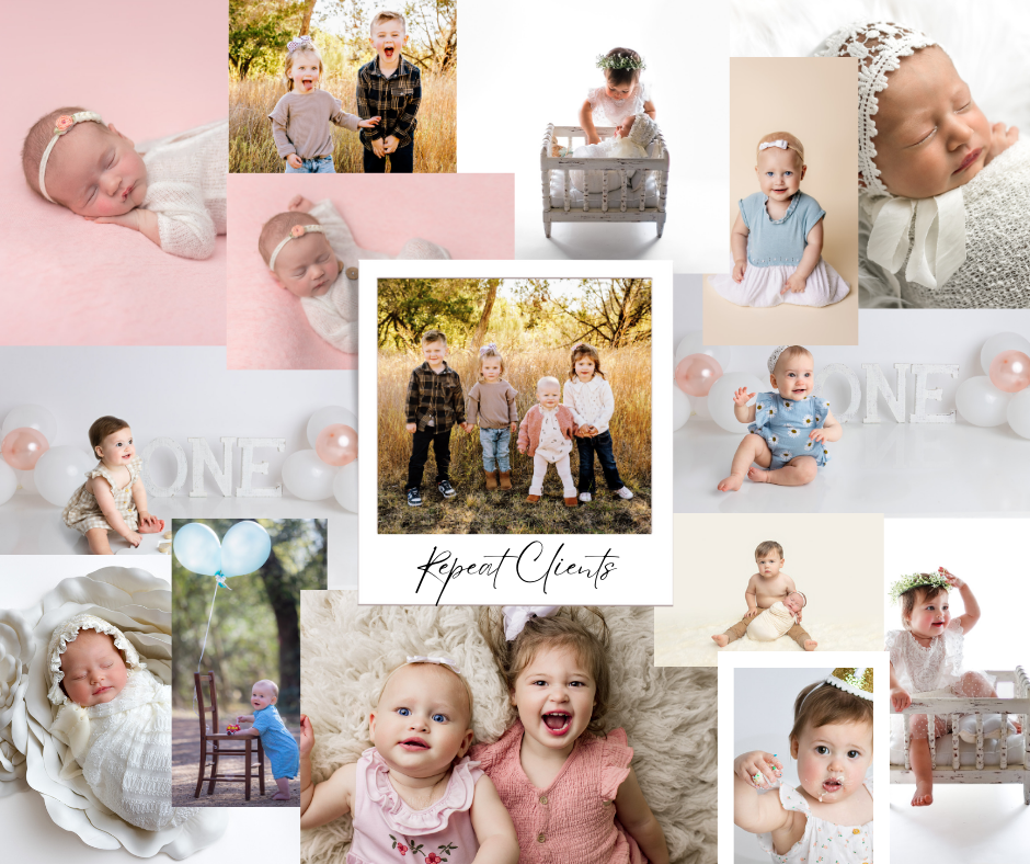 A heartwarming collage of baby and family portraits featuring outdoor and studio shots in soft, warm tones and natural settings.