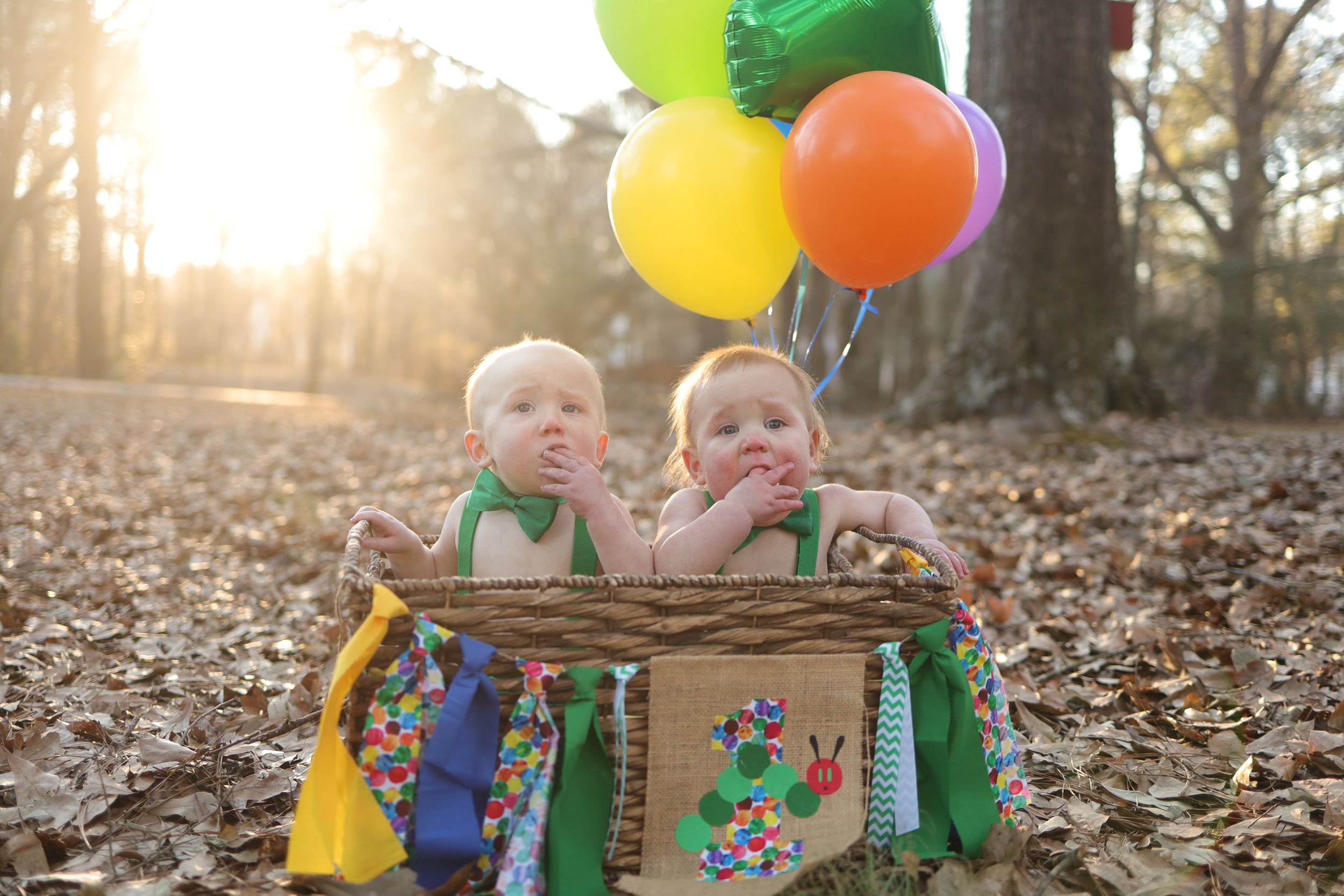 Two toddlers sit in a wooden wagon surrounded by colorful balloons and autumn leaves during golden hour.