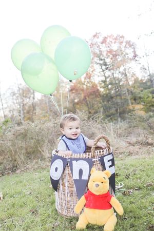Winnie the Pooh themed first birthday photo with mint balloons and stuffed bear on grassy hill.