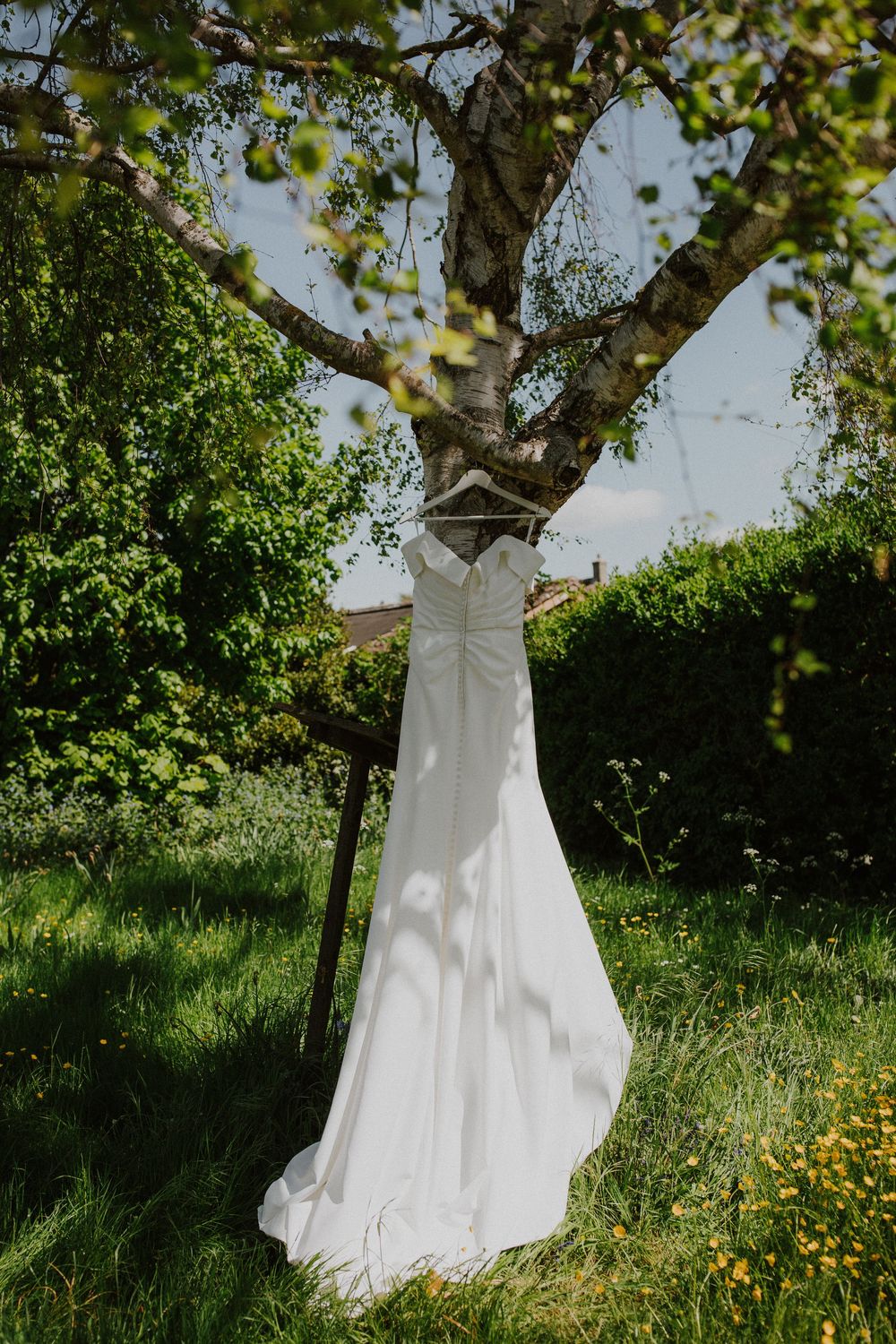 A white wedding dress hangs elegantly from a tree branch in a sunlit garden with green grass and flowers.