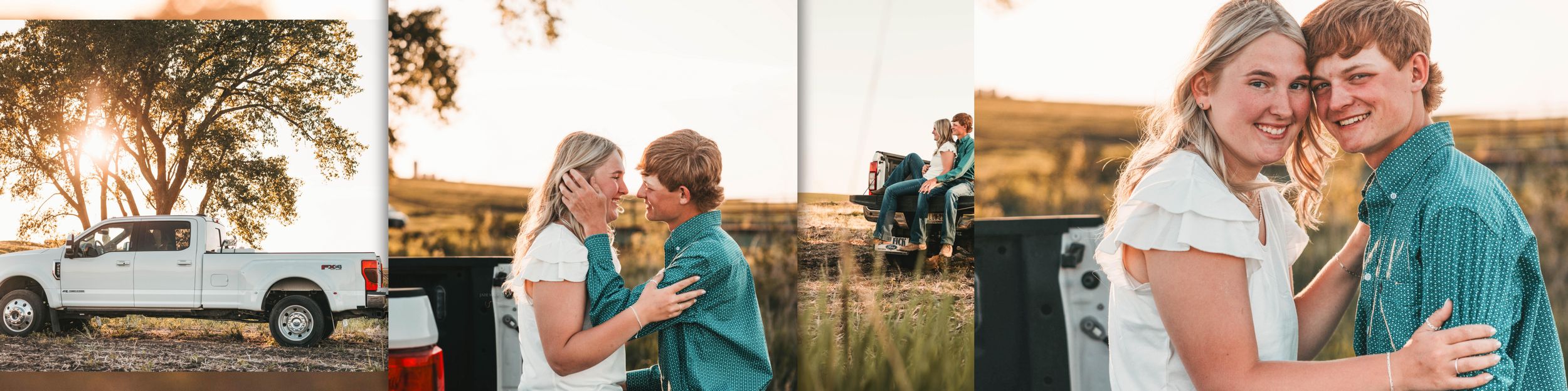 Couple shares intimate embraces during sunset golden hour photo session with camper van in background.