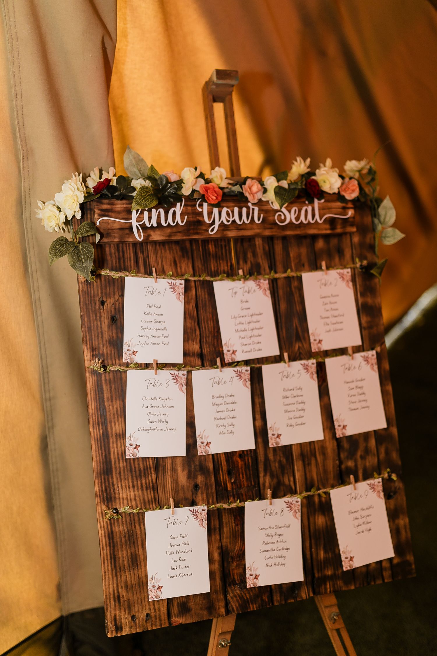 Rustic wooden seating chart display with floral accents and handwritten table assignments. Photographer. Hull. East Yorkshire. Photography
