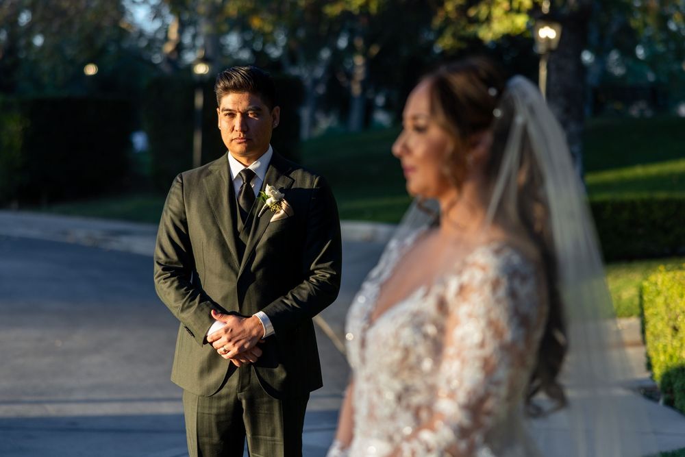 A row of romantic wedding photos at sunset showing tender moments between the newlyweds in an outdoor setting.