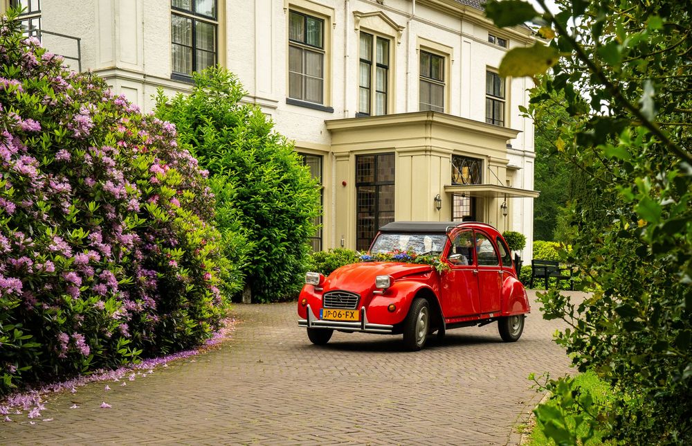 een citroen als trouwauto tussen de mooie bloemen