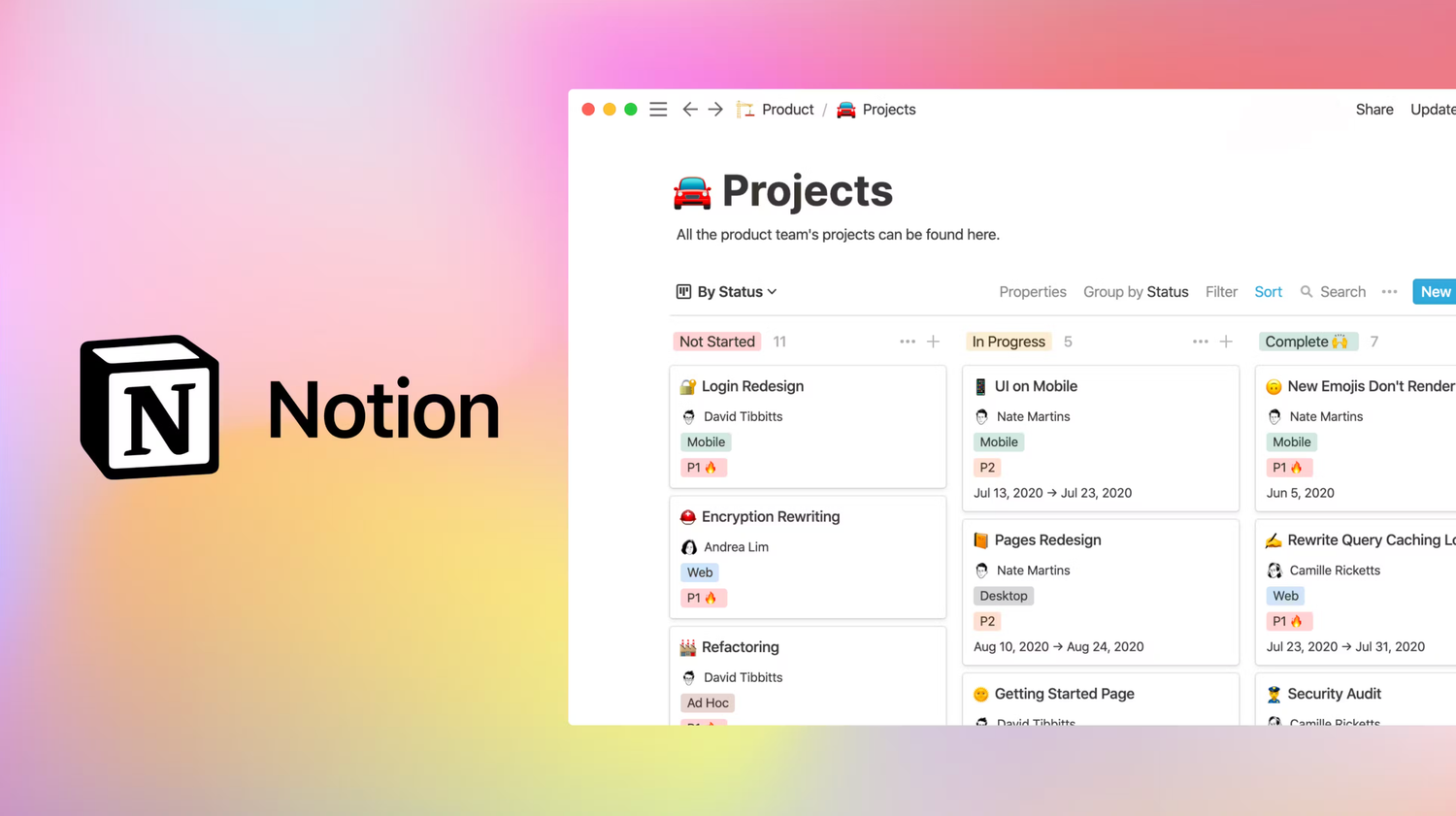 Screenshot of Notion workspace showing a projects dashboard with multiple folders and tasks.