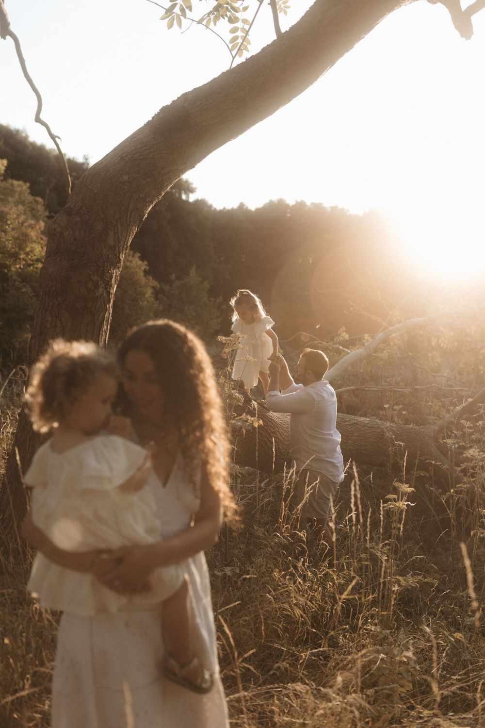 Family enjoying sunset in field captured by Northamptonshire family Photographer Ellen Sear