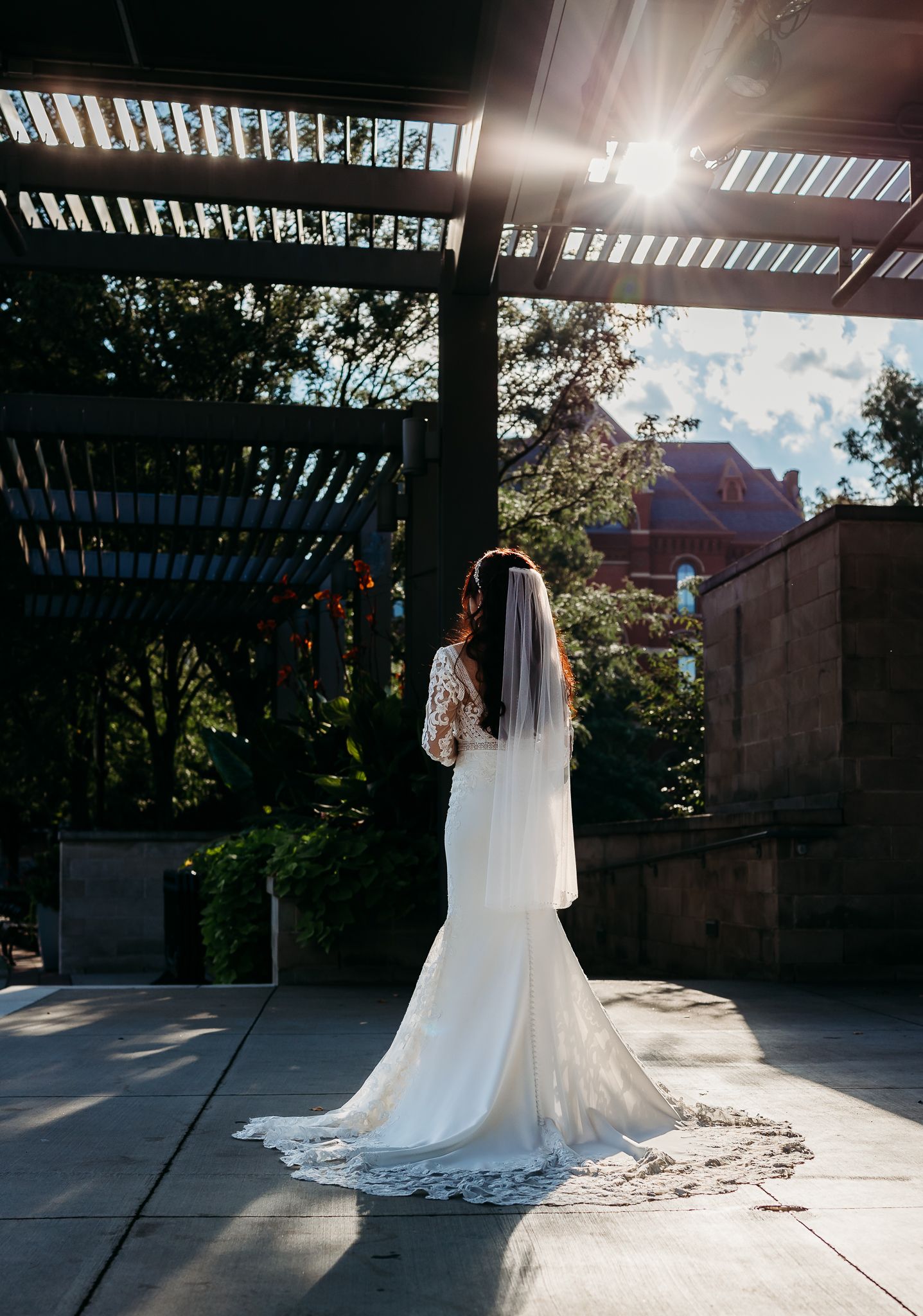 Bride in lace wedding gown with cathedral veil stands backlit by sunlight under pergola.