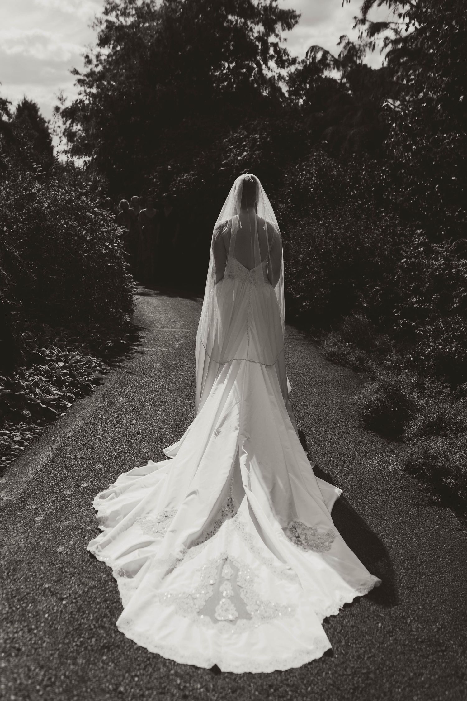 Black and white photo of bride in elegant gown with long lace train and veil walking down garden path.