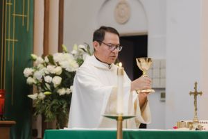 Priest conducting traditional Catholic wedding ceremony at decorated altar with gold accents.