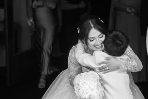 Wedding ceremony candid moments showing guests and wedding party in a church setting.