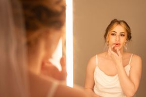 Bride gets ready on wedding day in Salt Lake City, Utah.