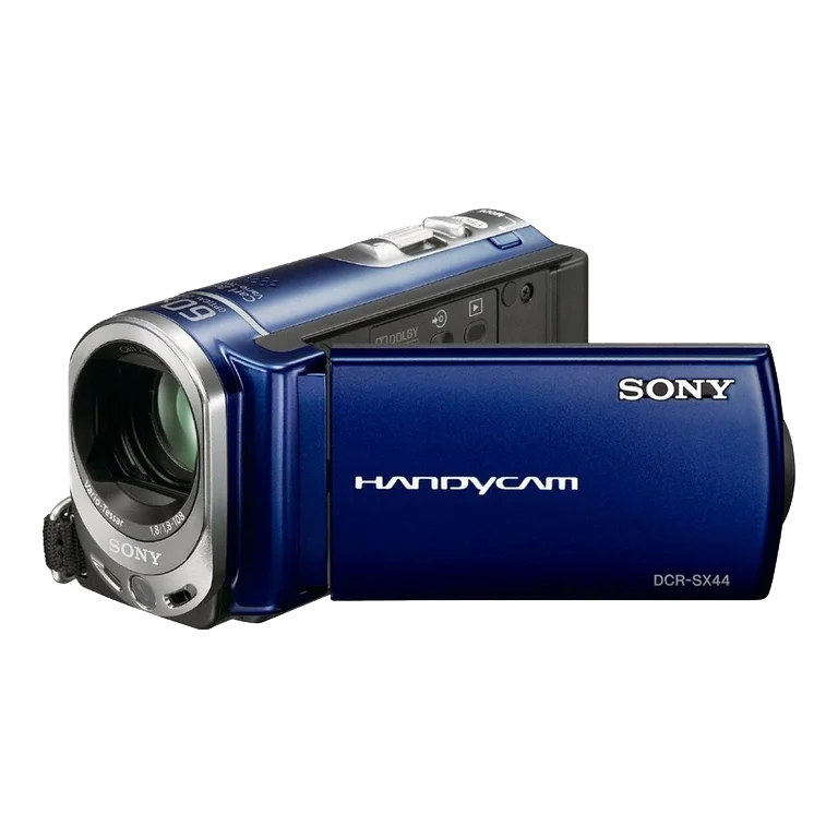Blue Sony Handycam digital video camera isolated on black background.