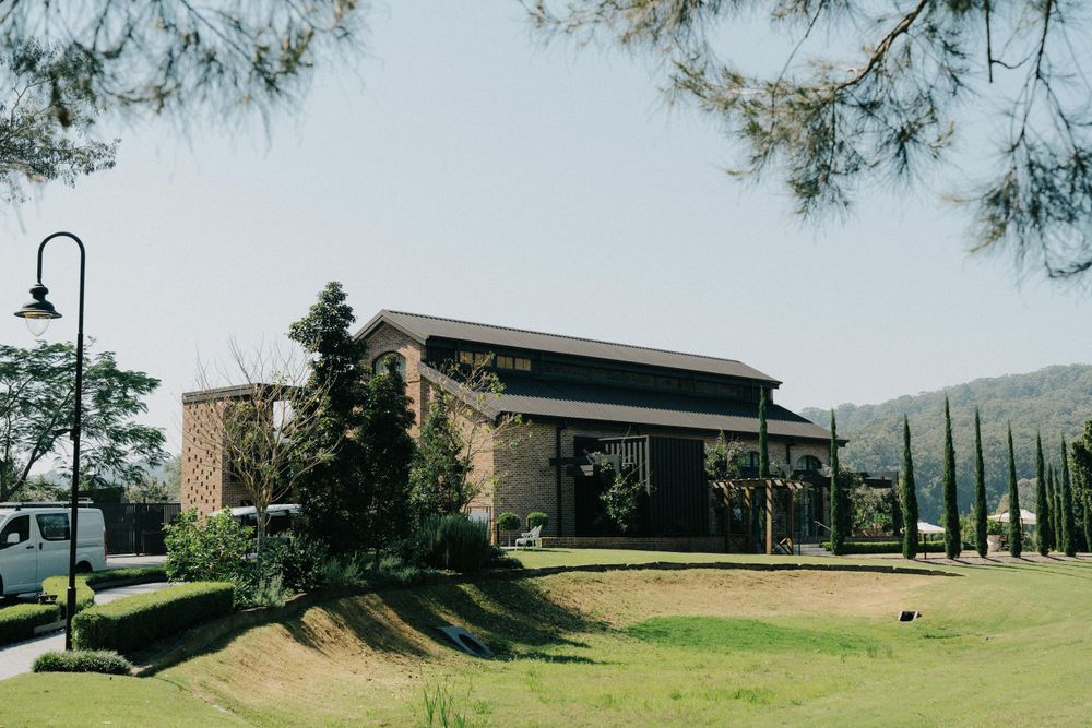 Modern stone building with glass windows set among pine trees and rolling hills.