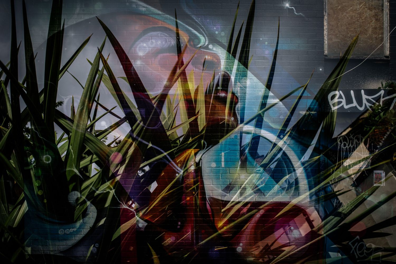 Abstract street art with vibrant colors and graffiti elements against plants.