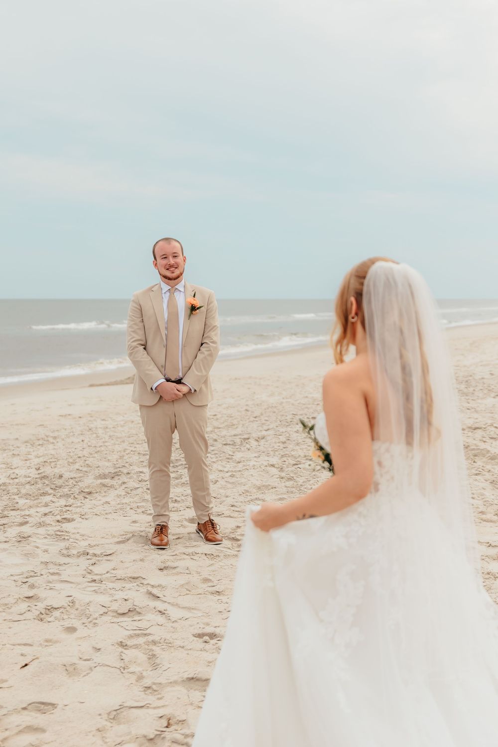 A beach wedding sequence shows joyful moments between a couple in a tan suit and white dress on the sandy shore.