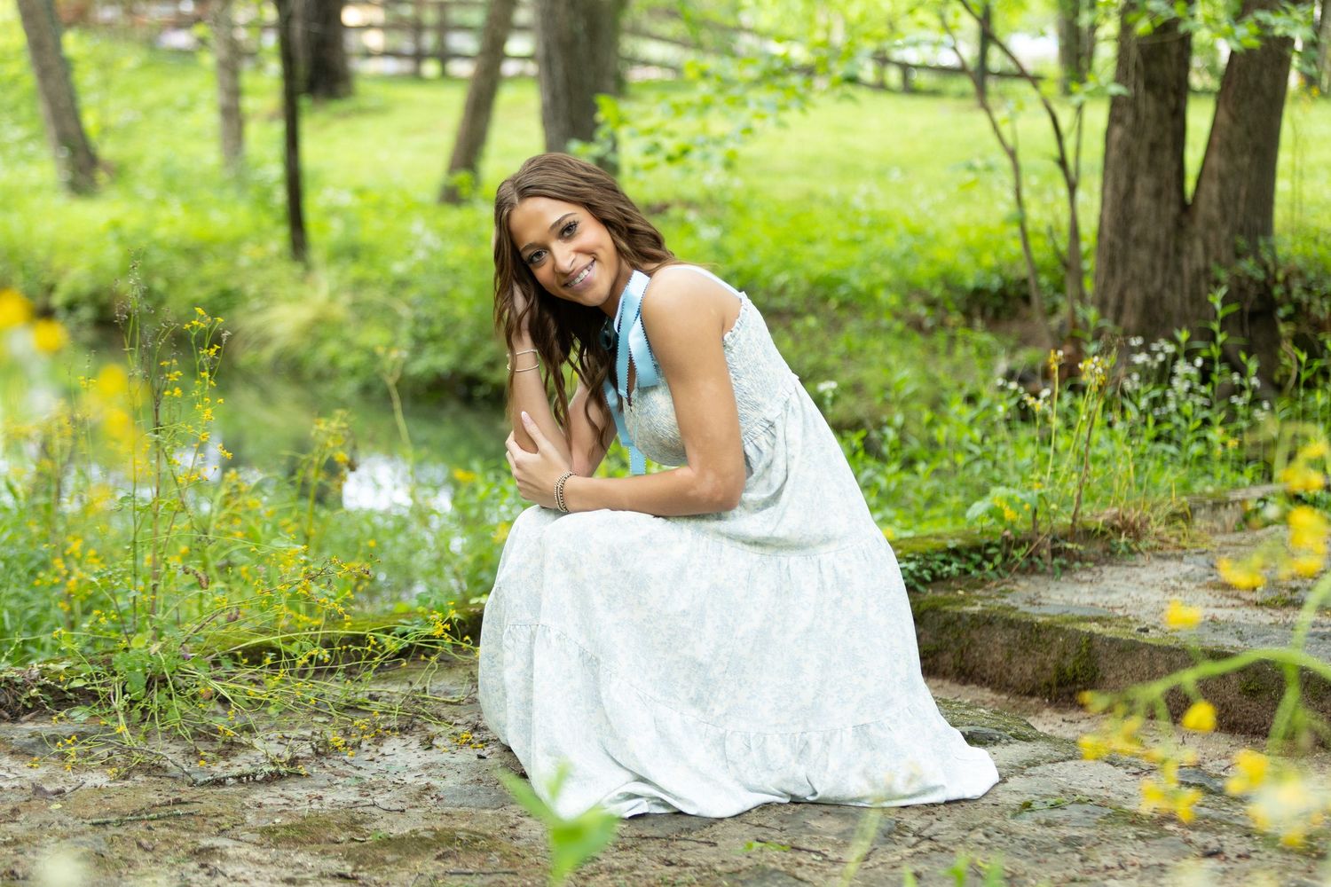 Kacy K. Photography high school senior girl, mossy stone path and stream at Compton Caves in Murfreesboro, TN