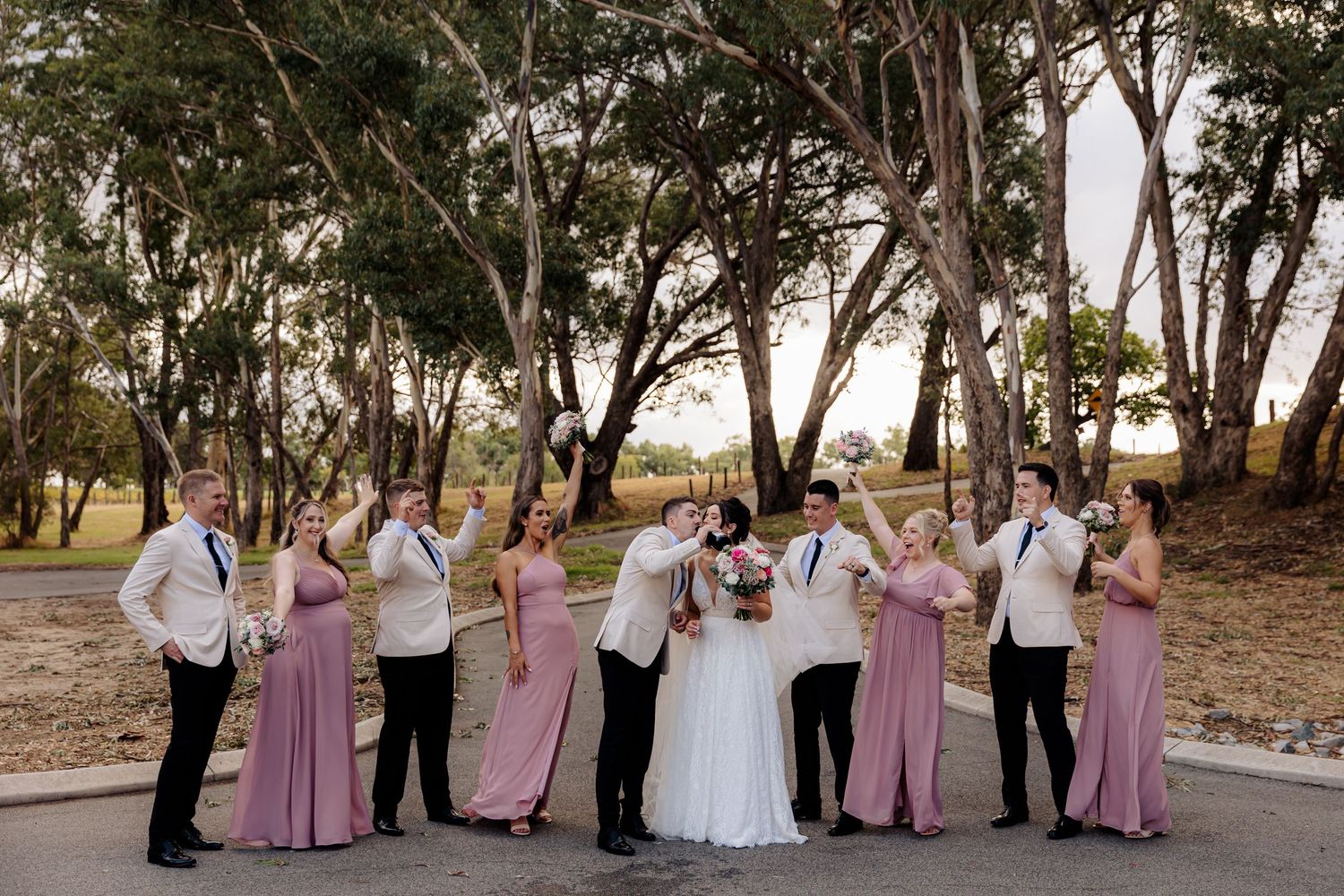 Wedding party in formal attire poses outdoors with bridesmaids in dusty rose gowns and groomsmen in black and white.