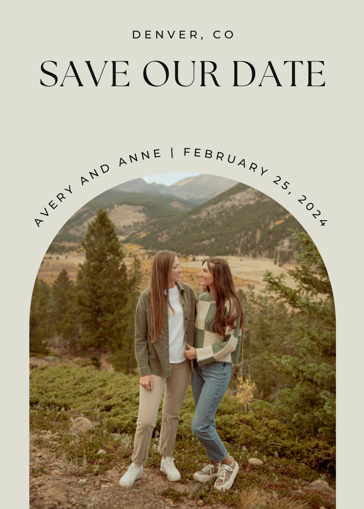 Save the date wedding announcement showing couple in casual attire against mountain backdrop in Denver, Colorado.