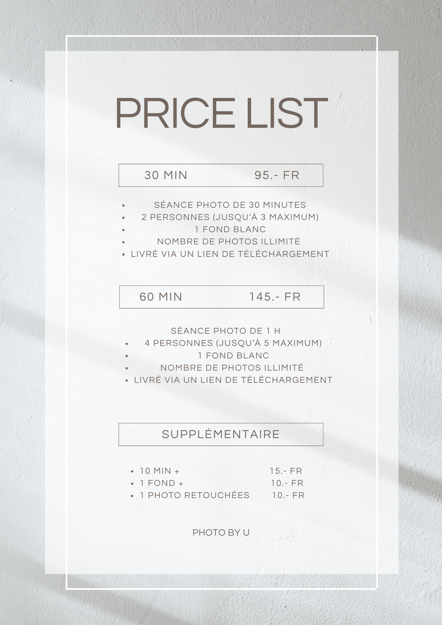 Chez Photo By U, nous vous proposons plusieurs formules adaptées à vos besoins, à partir de 95 CHF seulement.
Vaud, Lausanne, Geneve