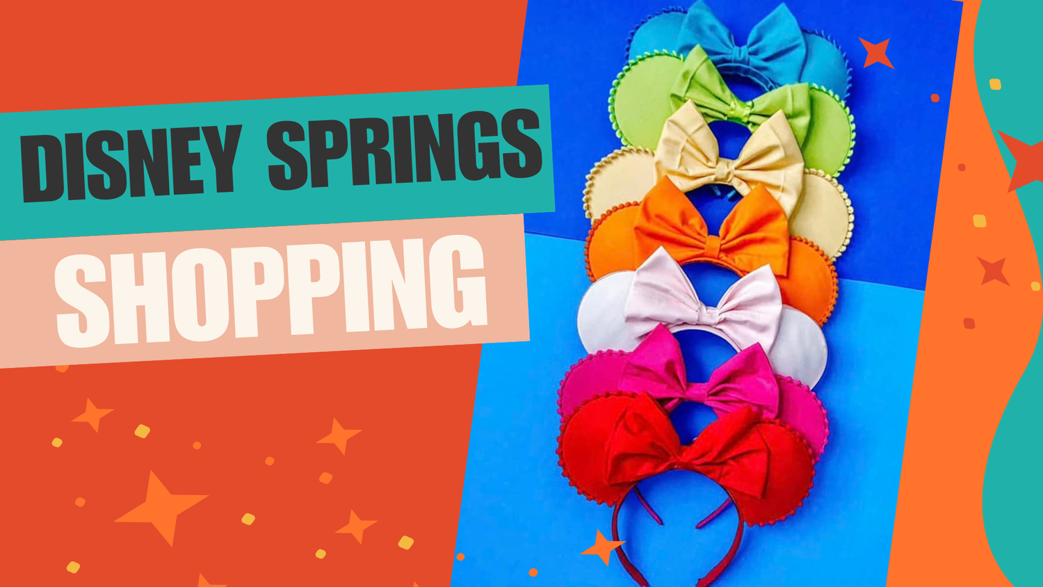 Colorful ribbon hair bows arranged in rainbow order against red and blue backgrounds.