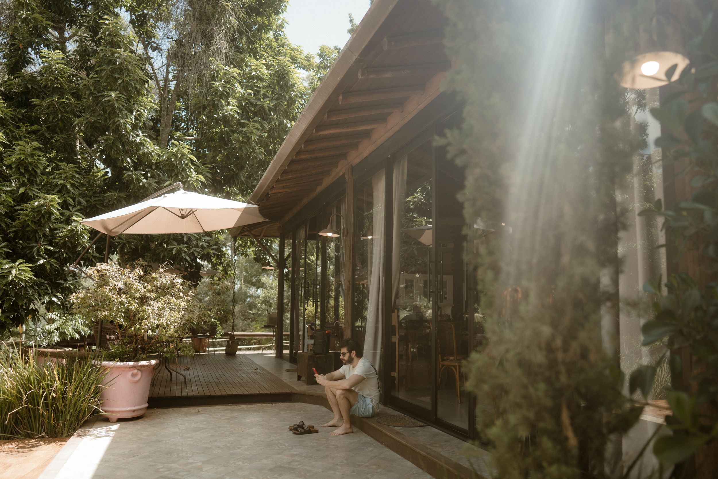 Sun rays stream through trees onto a modern building with glass walls and a patio umbrella.