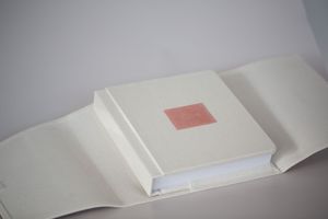 White wedding photo album with protective case and small coral pink accent square lies on light surface.
