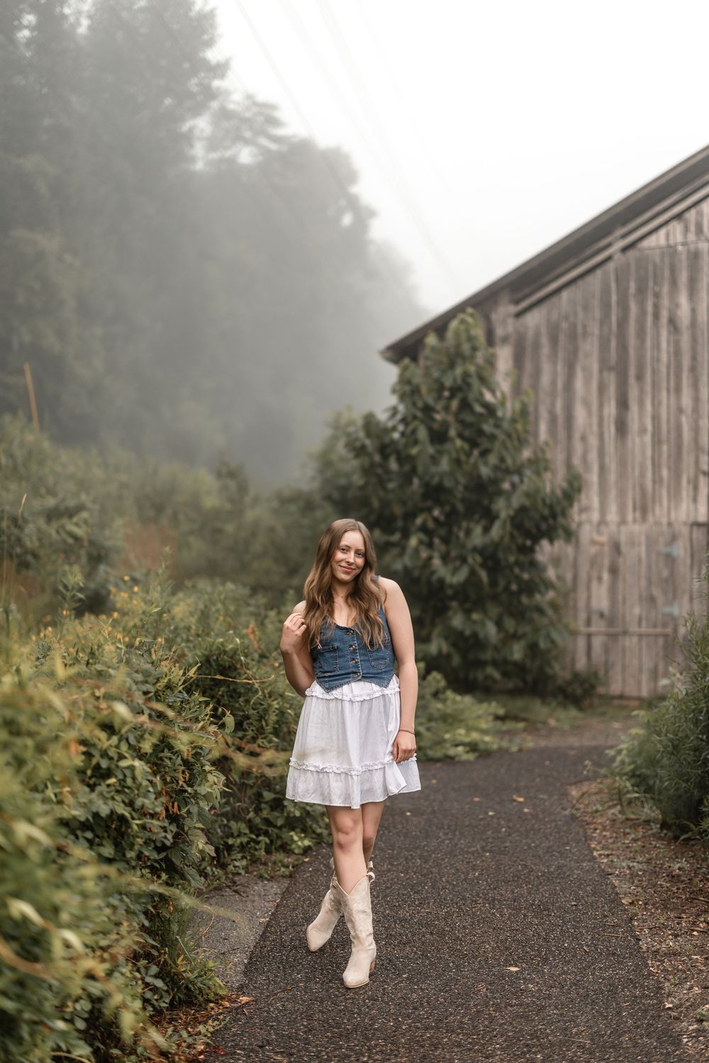 A rustic gravel path leads past a weathered wooden barn on a misty morning, creating a dreamy rural scene.